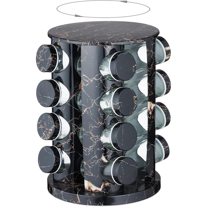 Карусель для спецій Relaxdays з 16 баночками для спецій, зі вставкою-шейкером, обертовий, багаторазовий блок для спецій, мармуровий вигляд, чорний
