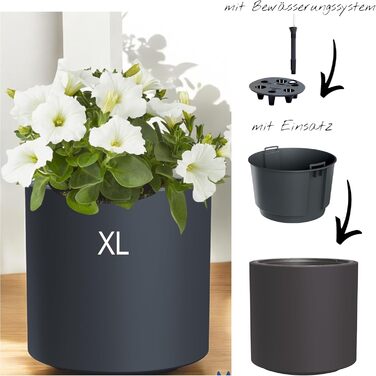Квітковий горщик MELTOM з вкладишем та системою поливу Круглий та сучасний Морозостійкий та стійкий до ультрафіолету Пластиковий горщик для використання в приміщенні та на вулиці (Антрацит, XL) Антрацит XL