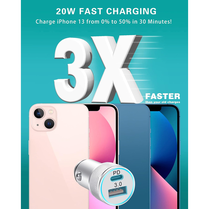 Адаптер LUOSIKE 20 Вт прикурювача USB C з кабелем блискавки 1 м, автомобільний зарядний пристрій для мобільних телефонів, двопорто