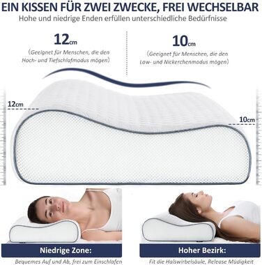 Подушка BedStory з піни з ефектом пам&39яті, регульована по висоті подушка для шиї, ергономічна подушка, подушка для сну на боці для спини та живота (60x36x12/10 см) 36x60x10/12 см