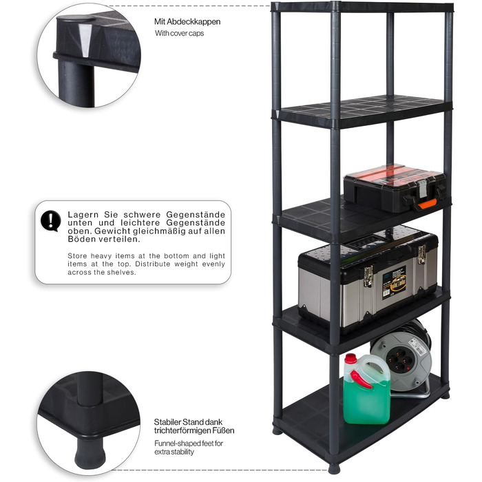 Набір Kreher Value з 2 пластикових стелажів, підвальні стелажі, стелажі для зберігання, 5 полиць чорного кольору. Максимальне навантаження 150 кг на полицю. 71 x 38 x 171 см (В). Сертифіковано TV Rheinland.