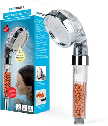 Лійка для душу EASYmaxx Wellness з мінеральними кульками та 3 режимами струменя води Зберігає 30 води за рахунок збільшення напору води приблизно на 50. 344 мікронасадки, функція природного фільтра для води, для всіх зєднань 1/2 дюйма