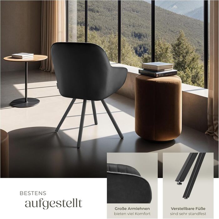 Обідні стільці tectake з підлокітниками, ергономічне крісло-обшивка з оббивкою з стьобаного оксамиту, обертові стільці для вітальні, обіднього столу, кабінету, туалетного столика, кухонних стільців - комплект з 4 шт. , чорний