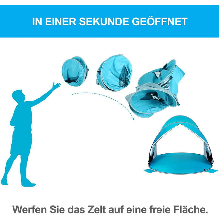 Пляжний намет WolfWise Pop-Up для 3-4 осіб, миттєве встановлення, захист від ультрафіолету 50, водовідштовхувальний, вентильований, стійкий до розривів, з сумкою для перенесення та кишенями для піску, покриття синього/м&39ятно-зеленого/бежевого/чорного ко