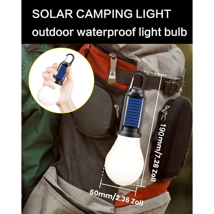 Світлодіодний ліхтар для намету з сонячним живленням від USB, акумуляторний портативний кемпінговий ліхтар, 3 режими освітлення, відкритий підвісний ліхтар з гачком, теплий білий ліхтар для намету, походи, ніч, риболовля, аварійний режим, 5 шт.