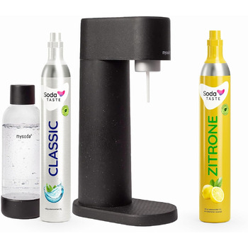 Економ-пакет Mysoda Woody - поновлюваний деревний композитний виробник газованої води з пластиковою пляшкою 1 л без BPA, класичним циліндром CO2 лимонним циліндром CO2 (чорний)