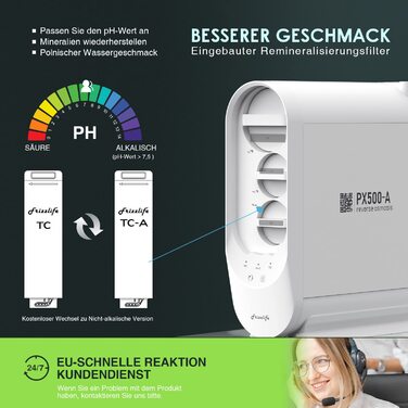 Система зворотного осмосу Frizzlife PX500-A, система водяного фільтра - лужна та ремінералізація, без резервуару для води, 500 GPD швидкий фільтр зворотного осмосу, коефіцієнт зливу 1,51, знижений TDS, кран із матовим нікелем