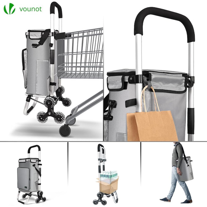 Алюмінієвий візок для покупок зі сходами, 3-в-1, складаний візок-тележка з гачком-тримачем, охолоджувальним відділенням та гаком, 6 коліс, велика місткість, водонепроникний, сірий 60л