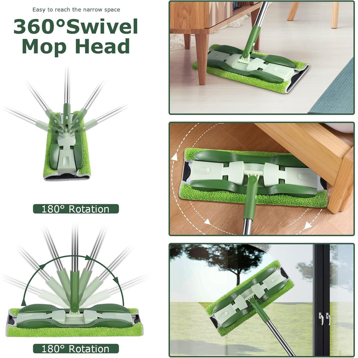 Плоска швабра Masthome, підлогова швабра 360 з 4-ма мікрофібровими насадками, довжина ручки 151 см, регульована, металева основа,