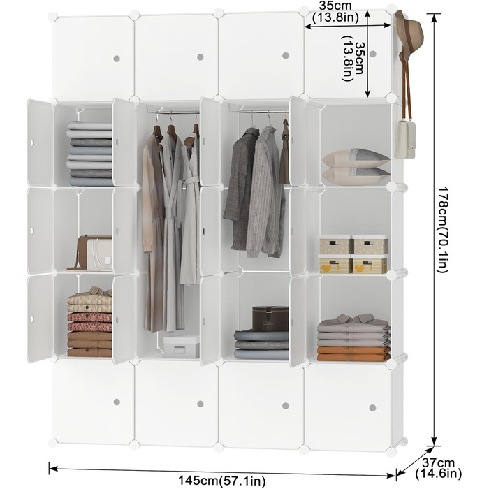 Система полиць для гардеробу своїми руками, взуттєва полиця з рейкою для одягу, модульна комбінована шафа, компактна вставна система полиць, портативна складана шафа для книг з дверима (20 кубів, бежевий колір) бежевий, 20 кубів
