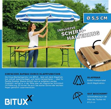 Комплект пивного намету BITUXX, комплект фестивального намету, пивний стіл, хрестовий стіл, стоячий стіл, Quattro, складаний, хрестоподібної форми, 241 см з підставкою для парасольки