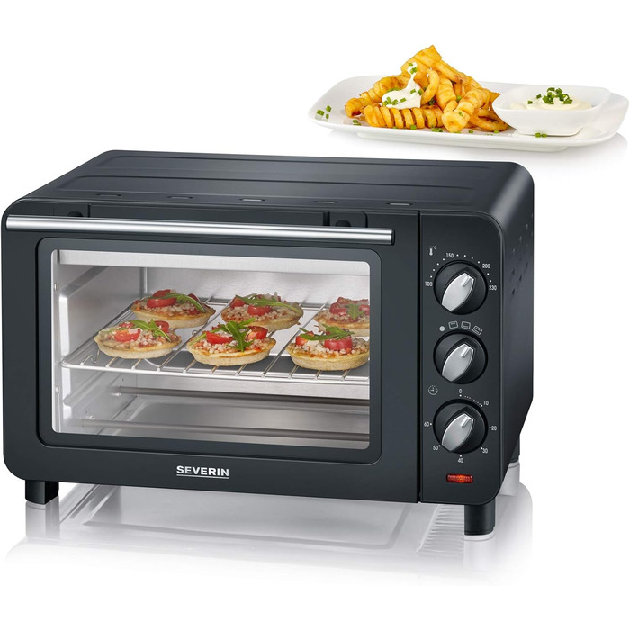 Піч для випічки та підсмажування SEVERIN, міні-духовка з решіткою для гриля, деком для випікання та піддоном для крихт, універсальна конвекційна піч ємністю 14 л, 1 200 Вт, чорно-срібляста, TO 2064 одинарна