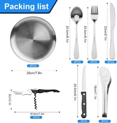 Набір столових приборів з нержавіючої сталі для кемпінгу на 4 особи, набір посуду для пікніка з 20 предметів з ложкою, виделкою, ножем, тарілкою, затискачем та відкривачкою для пляшок - Портативний набір столових приборів для кемпінгу та пікніків (Срібний