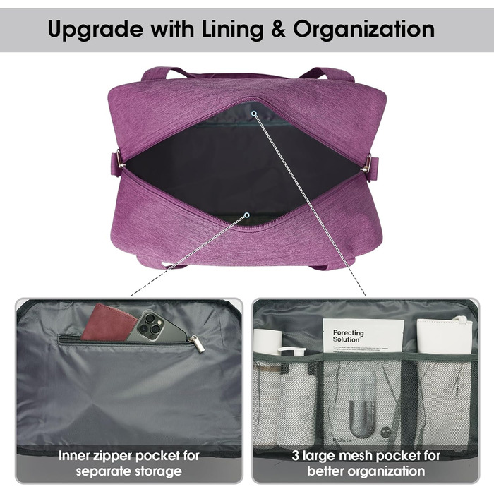 Ручна поклажа Narwey Ryanair 40x30x20, маленька спортивна сумка, складна дорожня сумка, сумка для ручної поклажі Airplane для жінок, дорожня сумка Weekender для чоловіків 20 л (темно-фіолетовий)