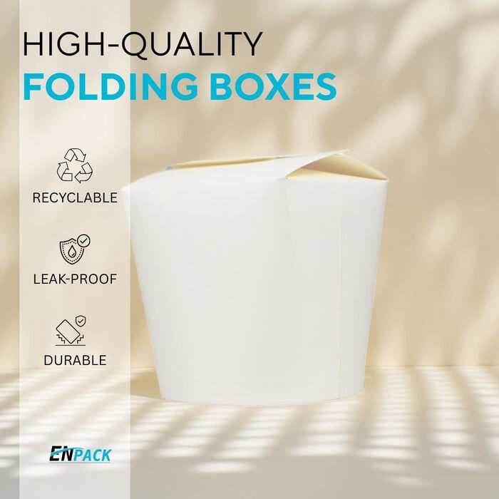Коробки для локшини Enpack білого кольору, 750 мл/26 унцій, виготовлені з міцного крафт-паперу, 500 штук - Штабелювані, багаторазово закриваються, екологічні азійські коробки для транспортування азійської локшини та інших страв на винос. Білий колір, 26 у