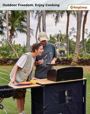 Складана кемпінгова кухня KingCamp з раковиною, бамбукова кемпінгова шафа, складна вулична кухня з місцем для зберігання, вітровим склом та тримачем для лампи, міцна алюмінієва рама, дорожня кухня, кемпінгові меблі для пікніків-барбекю, кемпінгова шафа з 