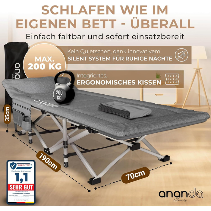 Розкладне похідне ліжко з матрацом розкладне туристичне ліжко та гостьове ліжко, дорожнє ліжко для дорослих, розкладне ліжко/кемпінговий шезлонг 190x70 см до 200 кг, зі зручним матрацом та простирадлом