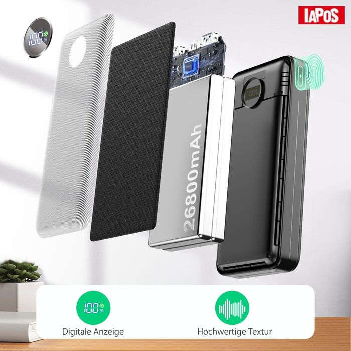 Зовнішній акумулятор для мобільного телефону, зовнішній акумулятор ємністю 26 800 мАг із швидкою зарядкою 22,5 Вт, входом і виходом USB-C, PD 3.0 та QC 4.0. Сумісний з iPhone 17, 16, 15, 14, 13, 12 та Samsung Galaxy S25.