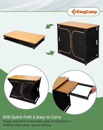 Складана кемпінгова кухня KingCamp з раковиною, бамбукова кемпінгова шафа, складна вулична кухня з місцем для зберігання, вітровим склом та тримачем для лампи, міцна алюмінієва рама, дорожня кухня, кемпінгові меблі для пікніків-барбекю, кемпінгова шафа з 