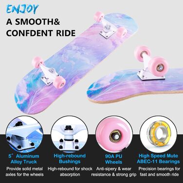 Скейтборд CLCYTIP 31 x 8 дюймів - повний круїзерний скейтборд для початківців, 8-шарова кленова дека, ABEC-11 кулькові підшипники, увігнута дека з подвійним кіком, для підлітків та дорослих, рожевий JG дизайн