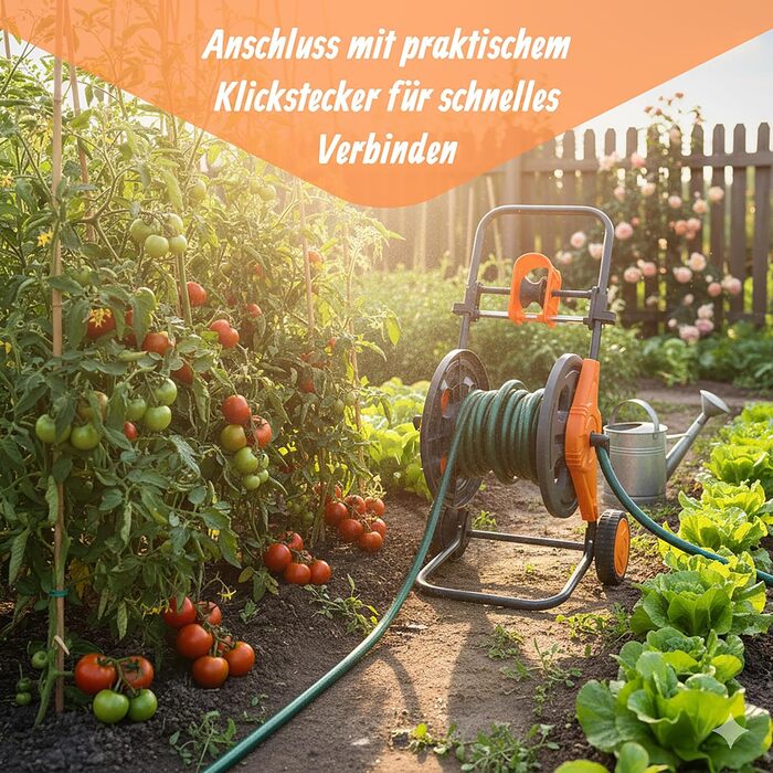 Шланг для поливу Relaxdays, 60 м, зєднувачі швидкого зєднання, направляюча шланга, 2 колеса, пластик/сталь, барабан для шланга, сірий/помаранчевий