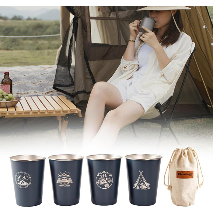 Чашки для активного відпочинку, виготовлені з нержавіючої сталі, що штабелюється, ідеально підходять для кемпінгу, подорожей та щоденного використання. У комплект входять 4 склянки з нержавіючої сталі, столові прибори, посуд для вечірок та скелелазіння, ч