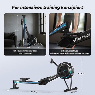 Повітряний гребний тренажер MERACH для домашнього використання, 10 регульованих рівнів з ексклюзивним додатком, професійний гребний тренажер для приміщень, ергономічне комфортне сидіння, легке зберігання