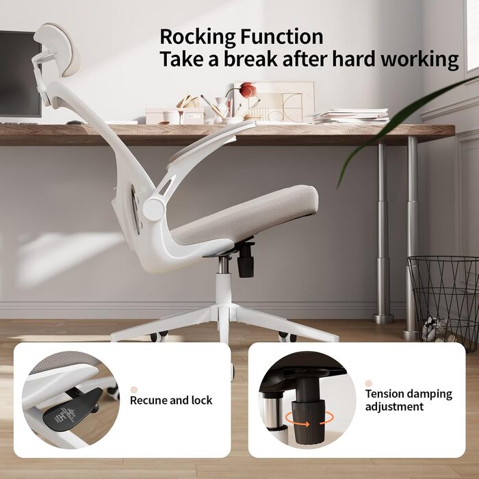Ергономічне офісне крісло Monhey, висока спинка, сітчаста тканина, комп&39ютерне крісло з відкидними підлокітниками, регульованою поперековою опорою та підголівником, обертове крісло для дому та офісу 01beige