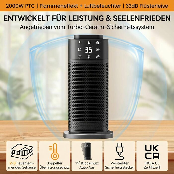 Керамічний вентилятор-обігрівач з ефектом полум&39я та зволожувачем повітря, електричний обігрівач потужністю 2000 Вт, енергозберігаючий та тихий, потужний електричний обігрівач для офісу та спальні, ідеально підходить для обігрівача кімнати