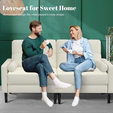 Місний диван, невелика кушетка з 2 подушками та підлокітниками, лляний диван у стилі середини століття для вітальні, спальні, бежевий кремовий колір, 2-