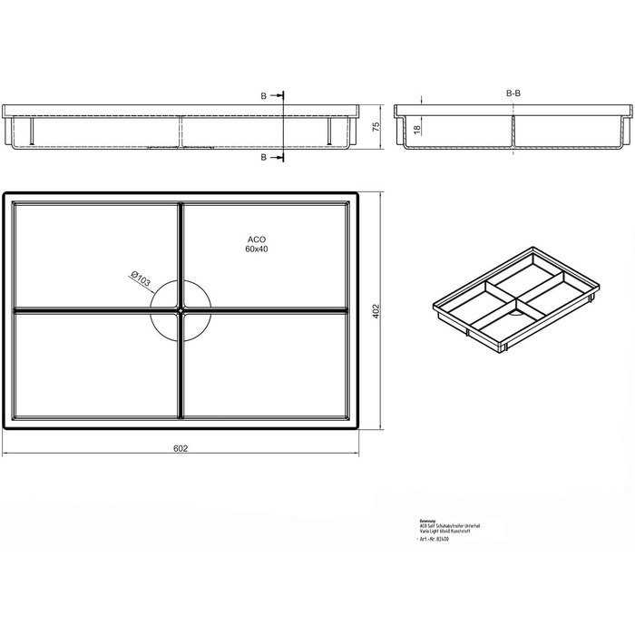 Килимок для дверей ACO 600x400 мм, ребристий, антрацитовий, з піддоном Vario Light, скребком для взуття, килимок для дверей