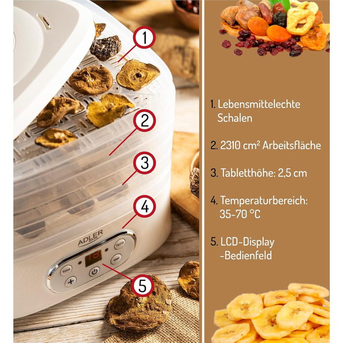 Дегідратор для їжі ADLER AD 6658, 550 Вт, дегідратор, дегідратор, білий
