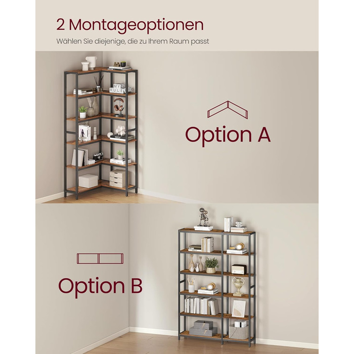 Ярусна книжкова полиця VASAGLE, кутова полиця, полиця для зберігання, 24 x 102 x 175,2 см, сучасна, для вітальні, спальні, офісу, вінтажний коричнево-чорний колір LLS606K01, 6-