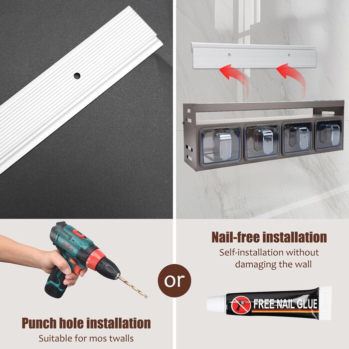 Підставка для спецій з банками для спецій, окремостояча та настінна підставка для спецій, банки для спецій з полицею, підвісна підставка для спецій (не потребує свердління) з 4 коробками для спецій, тонкий металевий органайзер для спецій на кухонну стільн