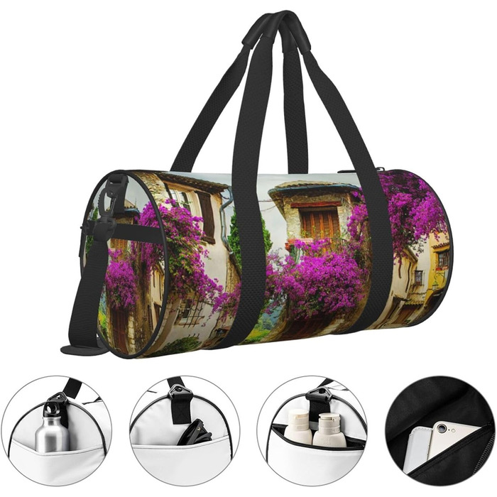 Спортивна сумка, дорожня сумка, з принтом прованського старого міста, сумка на нічліг, чорна, універсальний розмір, сумка для подорожей