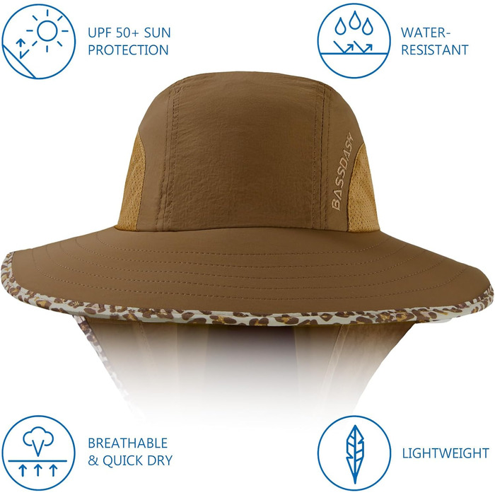 Унісекс сонцезахисний капелюх Bassdash, UPF 50, рибальський капелюх, водовідштовхувальний, з широкими полями та великим захистом шиї, хвіст, чоловічий/жіночий, один розмір, карамельний/леопардовий