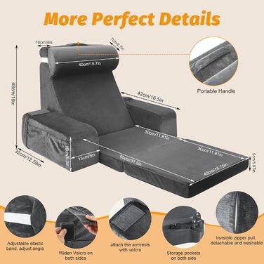 Велика подушка для читання зі знімною спинкою, ергономічна подушка для спини з підлокітником, кишенею та чохлом, який можна прати, для читання та перегляду телевізора (сіра)