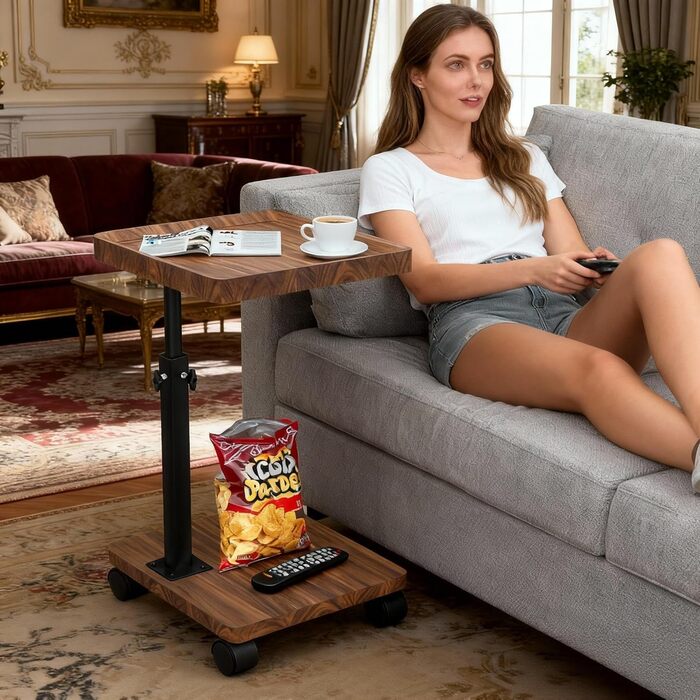 Журнальний столик з колесами Журнальний столик з регульованою висотою (45-80 см) Дерев&39яні жорстокі столики, С-подібної форми, обертаються на 360, з горіховим покриттям Невеликий журнальний столик для вітальні, дивана, кушетки (горіх)