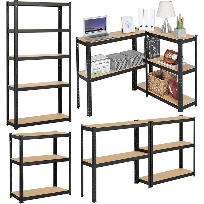 Полиця для зберігання Yaheetech для важких умов експлуатації з регульованими полицями з МДФ, органайзер-стелаж для гаража, вітальні, кухні, підвалу 90x30x180 см/чорна