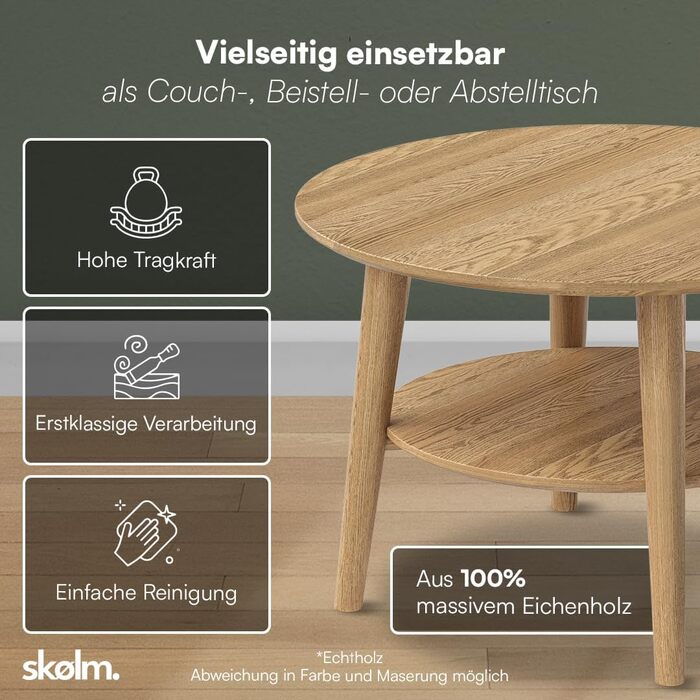 Круглий журнальний столик Skølm Mjlnir Ø70 см стіл для вітальні з масиву дуба диванний столик з 2 полицями невеликий журнальний столик, натуральне промаслене покриття дерев&39яний стіл для вітальні з місцем для зберігання круглий журнальний столик з натур