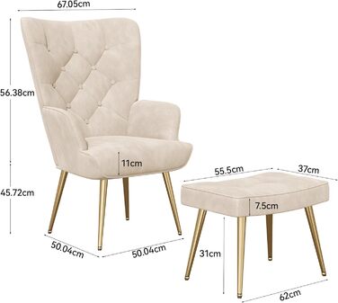 Крісло, диван для вітальні, сучасне крісло-гойдалка, реклайнер з металевими ніжками, оксамит, для вітальні/спальні, до 150 кг (кремовий, з підставкою для ніг) з підставкою для ніг, кремовий