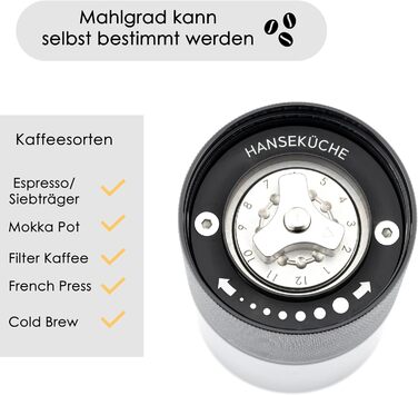 Ручна кавомолка Hansekche - Високоякісна ручна кавомолка з нержавіючої сталі з регульованим помелом - Професійний аксесуар для кав