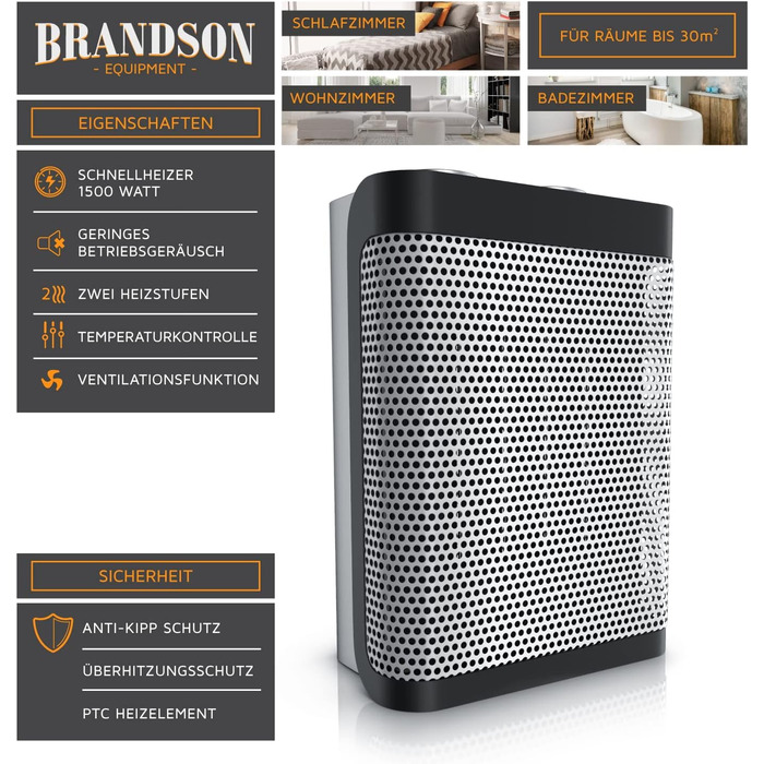 Керамічний вентилятор-обігрівач - 2 рівні потужності - Плавне регулювання температури - 1500 Вт - Енергозберігаючий, тихий вентилятор-обігрівач для ванної кімнати - Захист від перегріву, захист від перекидання - Обігрівач