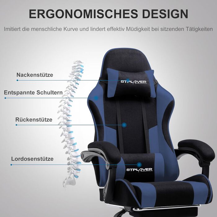 Ергономічне ігрове крісло GTPLAYER, ігрове крісло, офісне крісло, з регульованою спинкою на 135, регульованою висотою, висувною підставкою для ніг, синя тканина