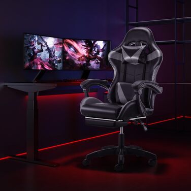 Ігрове крісло, комп&39ютерне крісло з підставкою для ніг та поперековою подушкою, ергономічне гоночне ігрове крісло з регульованим підголівником, офісне крісло, ігрове крісло вантажопідйомністю 150 кг (чорно-сіре).