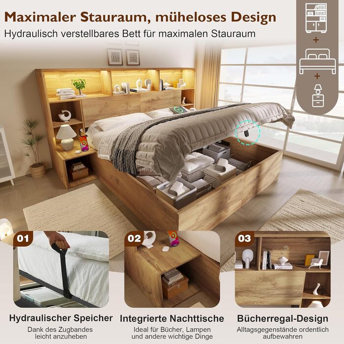Двоспальне ліжко ANIROY, дерев&39яне ліжко 180x200 см, гідравлічне ліжко з місцем для зберігання речей та узголів&39ям, узголів&39я для зберігання речей зі світлодіодним підсвічуванням та портом USB-C, каркас ліжка System з рейковою основою, матрац не вхо