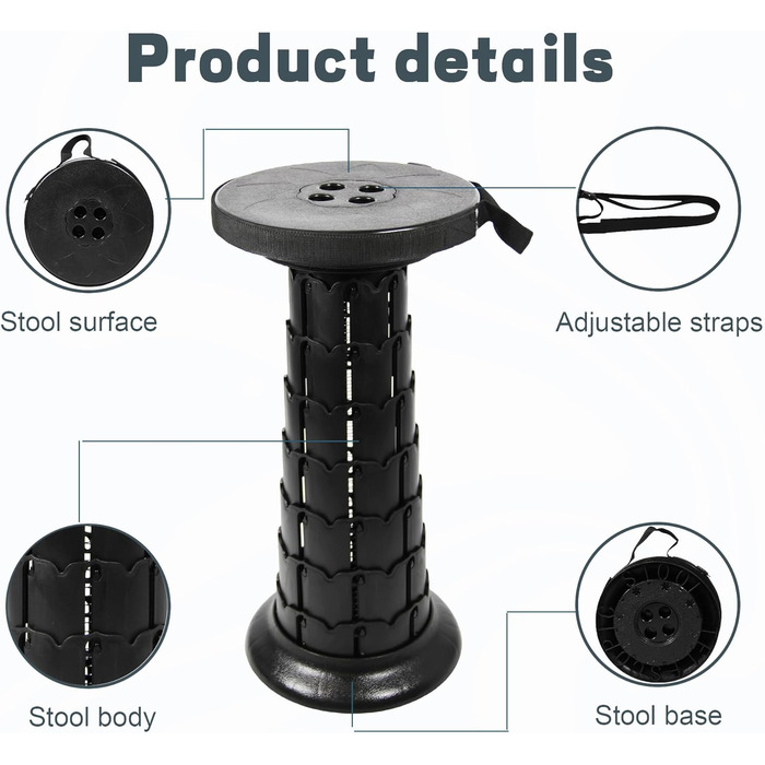 Портативний складаний стілець ALEVMOOM з подушкою, складний кемпінговий стілець, стілець для майстерні, телескопічний складний стілець для дорослих, вантажопідйомність 550 фунтів з сумкою та карабіном (чорний)