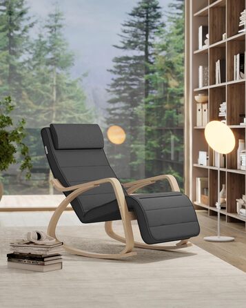 Крісло-гойдалка SONGMICS з підлокітниками з березового дерева, крісло-гойдалка, регульована підставка для ніг у 5 положеннях, вантажопідйомність до 150 кг, для спальні, вітальні, темно-сірий-натуральний LYY10G сірий бавовна-поліестер