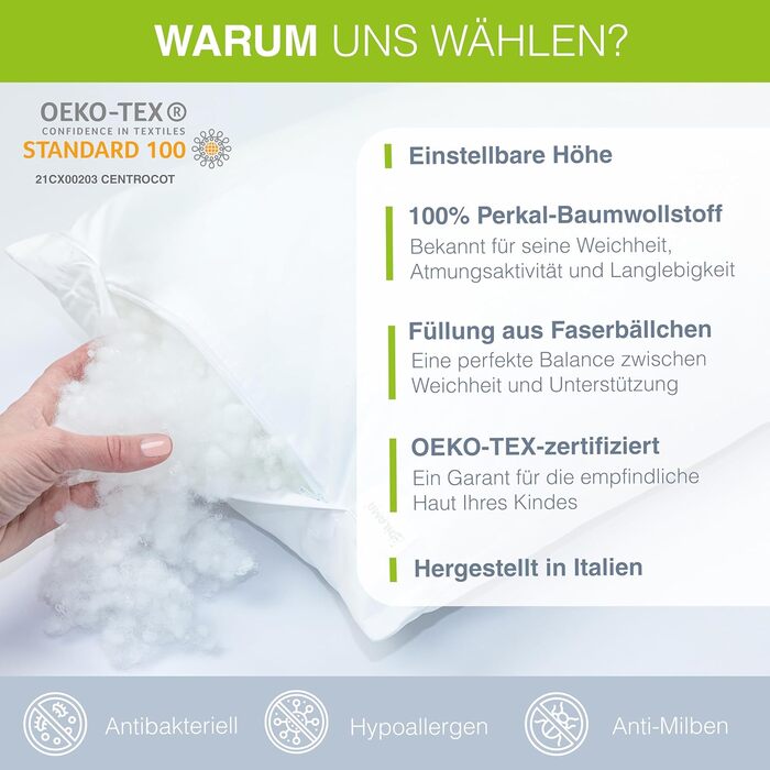 Дитяча подушка 40x60 см - Ергономічна дитяча подушка з регульованою висотою та волокнистими кульками - Бавовна перкаль преміум-кла