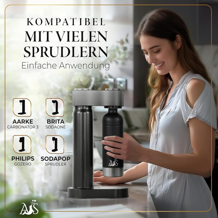 Пляшка з нержавіючої сталі AQUASEAL пляшка для води, сумісна з виробниками газованої води AarkeCarbonator 3, Philips GoZero, Sodapop, Brita sodaONE1 літр газованої води 1,25 л поверхня закриття можна мити в посудомийній машині чорний